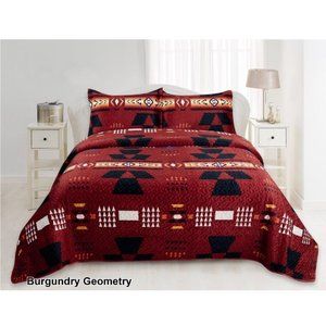 Geometric Print Bedding Set Queen & King Size Quilted Bedspreads Velvet Burgundy